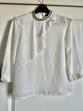 Zara Embellished Neck White Ruffle Blouse size small